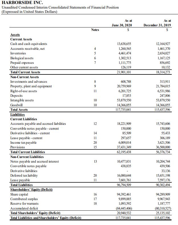 Harborside – Company Financials – Balance Sheet – Cash  